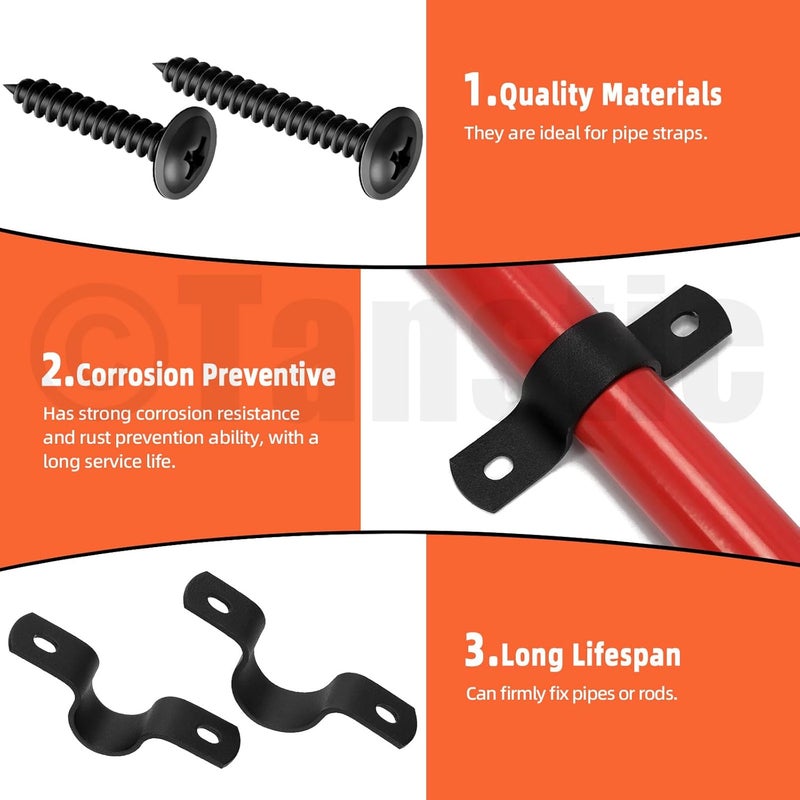Tanstic 15Pcs Black Two Hole Pipe Strap, 3/4” 1” 1-1/4” Two Hole Strap U Bracket Rigid Pipe Strap Pipe Strap Clamp with Phillips Modified Truss Head Wood Screws for Fixing Pipe, Conduit, U Bracket - Image 3